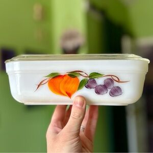 VTG Fruit Painted Cottagecore Glass Lidded Container Food Storage King Ware